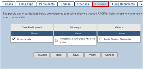 eService is delivered to all selected case participants, attorneys, and court offices.